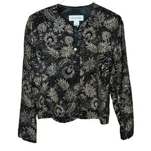 VTG Norton McNaughton Blazer Jacket Black‎ Velvet Floral Ornate Stitch Sz 12 USA
